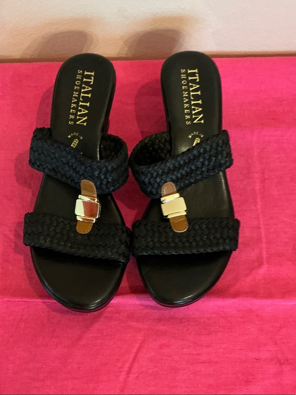 Italian Shoemakers Black Braided Slide Sandals with Gold Buckle